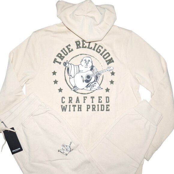 True Religion Men's Fleece Sweatsuit 2 PC Tracksuit Ivory Hoodie Joggers Size M - Picture 11 of 11
